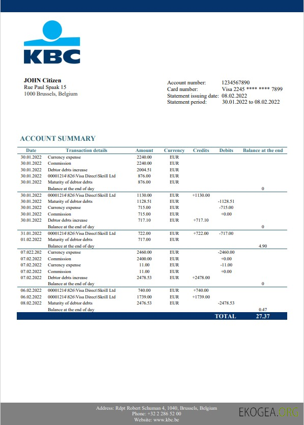 Modèle de relevé bancaire KBC Belgique au format Word et PDF